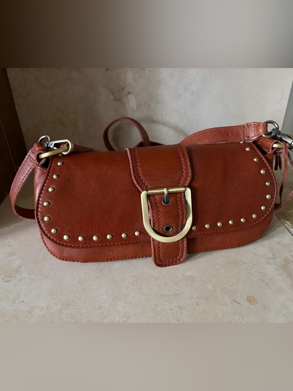Leather Studded Saddle Shoulder Bag in Chestnut